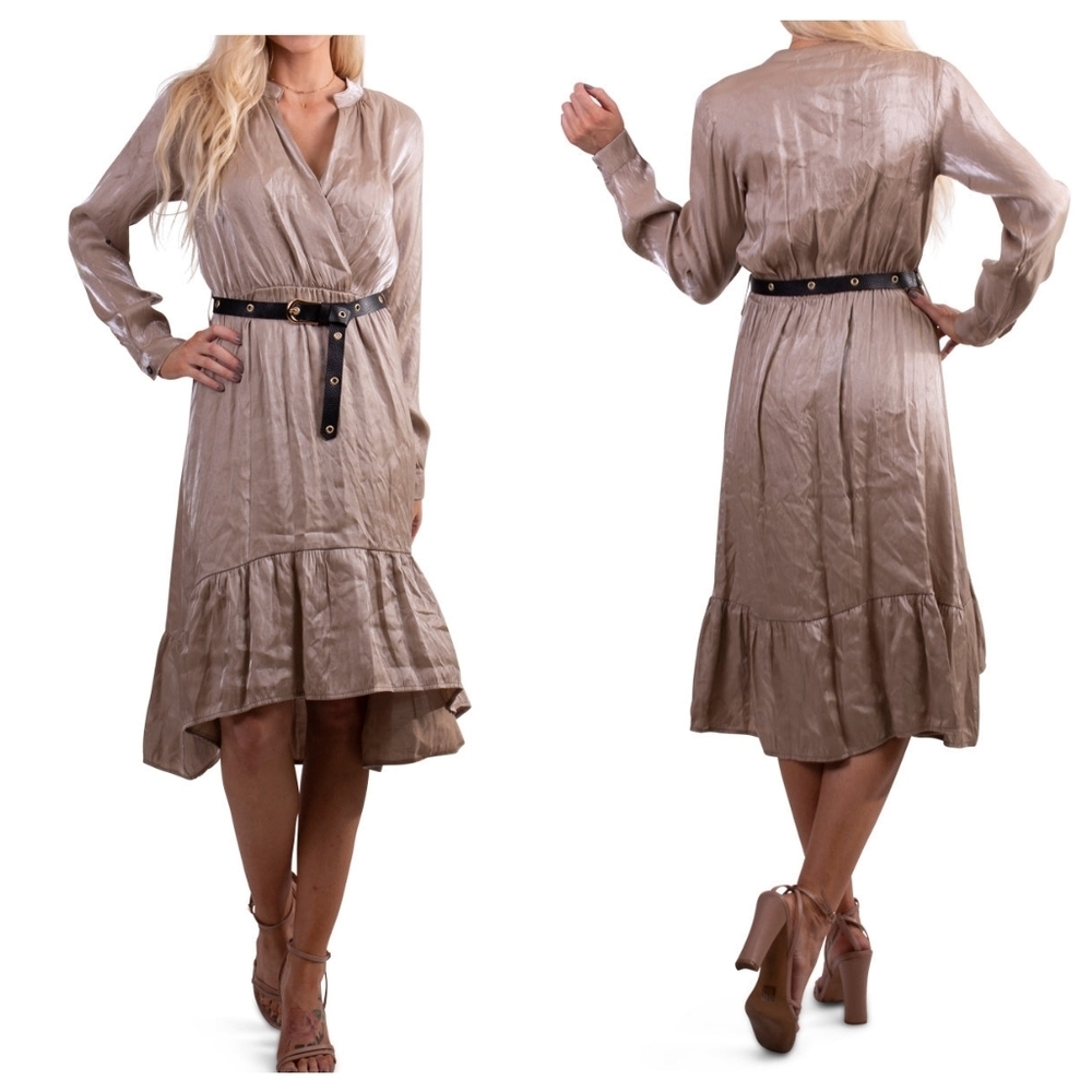 Gigi Moda Made In Italy Leah Dress Sz 8 Charcoal Sateen High-Low Minimalist